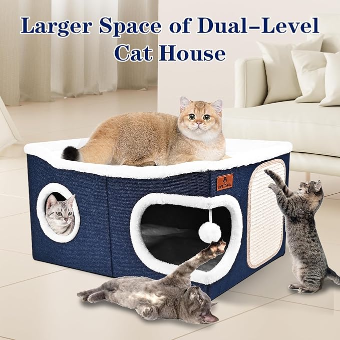 Extra Large Cat Beds for Indoor Cats, Covered Cat Cave Beds & Furniture with Scratch Pad and Fluffy Ball, Foldable Cat Condo Hideaway with Reversible Cushion for Multi Small Pet Large Kittens, Blue