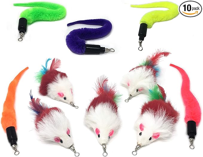 Pet Fit For Life - 10 Piece Kitten Toy Refill Pack - Replacement for Indoor Cat's Interactive Wand and Catch Wand - Features 5 Squiggly Worms and 5 Furry Mouse Feather Attachments