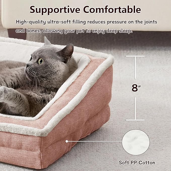 Laojin Balhen Cat Couch for Pets, Washable Cat Beds for Indoor Cats, Super Soft Plush Supportive Dog Couch Bed for Puppy and Kitten with Anti-Slip Bottom, 24inch, Pink