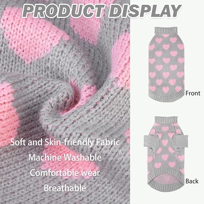 KOOLTAIL Cat Sweater - Valentine's Day Outfit with Hear Love Pattern Cold Weather Soft Warm Knit Turtleneck Clothes for Cats Kitten Small Dogs Puppy Greay S