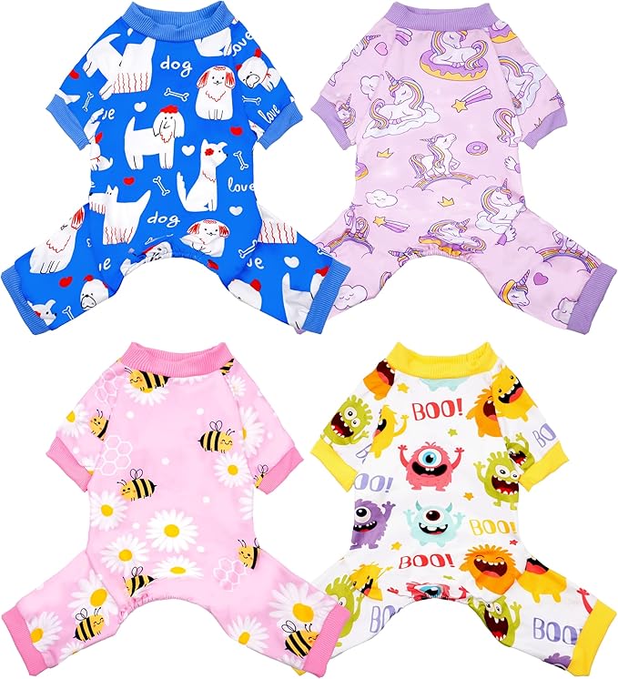 PET SHOW 4 Pack Dog Pajamas for Large Medium Dogs Girl Boy Dog Clothes Soft Stretchy PJs Bee Unicorn Jumpsuit Puppy Monster Paw Jammies Onesies Outfits with Sleeve Pets Costume, XL