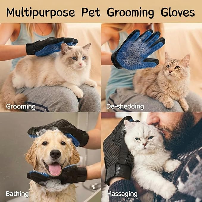 Pet Grooming Glove - Gentle Deshedding Brush Glove for Dogs & Cats, 2 Pack (Blue & Black), Efficient Pet Hair Remover Mitt, Soft Silicone Tips for Massage & Bathing