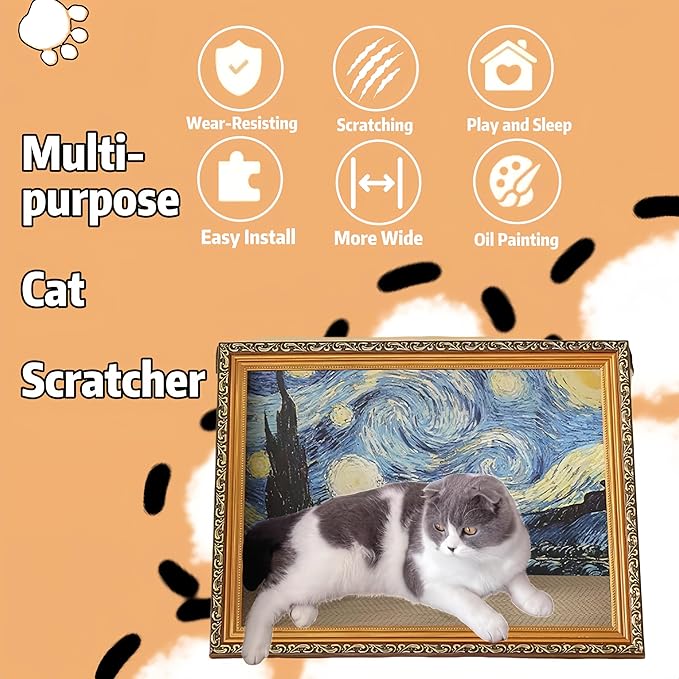 Horizontal Oil Painting Cat Bed & Scratcher - Durable Art Frame with Replaceable Art, Cat House for Indoor Cats Simple-Assembled Bed Couch Cave Condo Home Decoration(Starry Night &Sunflower)