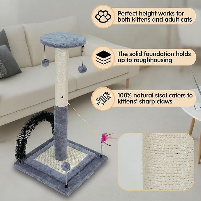 ROYPET Multifunctional Cat Scratching Posts for Indoor Kittens,Cat Scratching Posts for Play and Activity,Scratching Posts with Feather Toys, Hanging Balls and Self-Grooming Brush,Grey