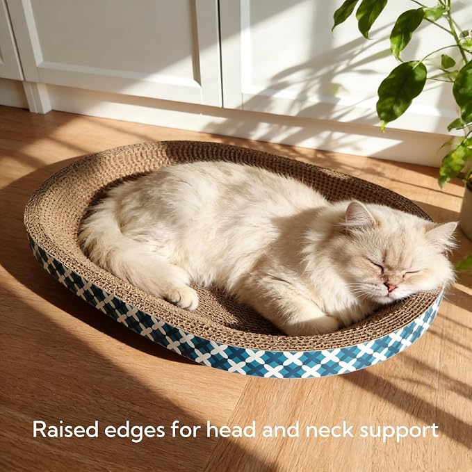 Cat Scratcher Bed with Toys, 2 Pack Oval Cat Scratcher Cardboard, Indoor Cat Scratch Bowl, Large Cat Scratching Board with Catnip Fish Toy & Feather Wand for Furniture Protector,Blue