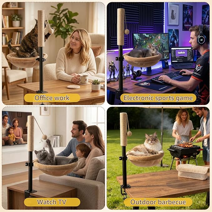 Cat Desk Bed with Scratching Post - Adjustable Height & 360° Rotation, Reversible Machine Washable Cover, Space-Saving Clamp-On Design for Office Desks, Sturdy Support for Indoor Cats (Camel)