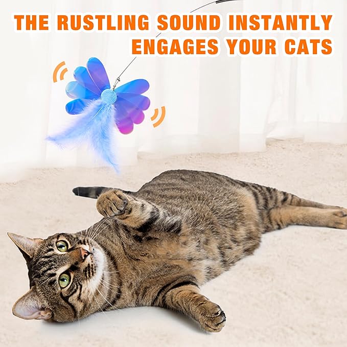 JXFUKAL Cat Feather Toy Refills, 4Pcs Simulation Butterfly Dragonfly Glitter Piece Feather Cat Lures Wand Attachment Replacement for Kitty Kitten Indoor Cats Accessories