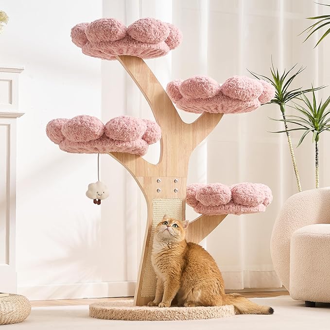 Aesthetic Flower Cat Tree Tower with Scratching Post for Indoor Cats, 48" Modern Cat Tree with Wood Sculpted Branch, Flower Cat Beds, Scratching Board & Interactive Squeaky Toy, Sakura Pink