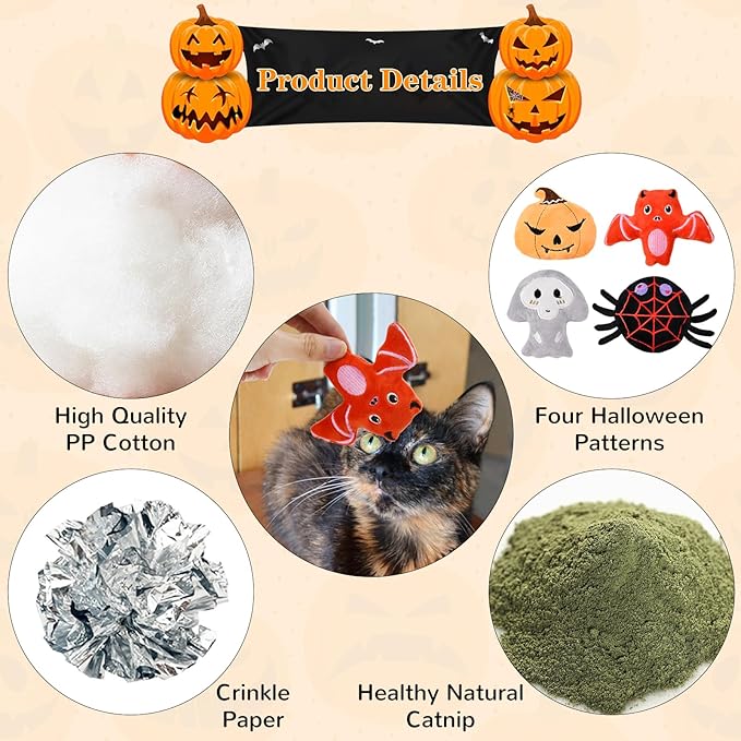 8PCS Halloween Catnip Ball Plushie Toy for Cats with Crinkle Paper Halloween Catnip Toys for Kitten