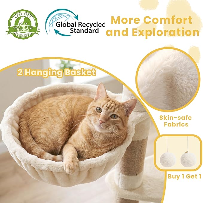 Cat Tree, 73-Inch Sturdy Corner Cat Tower with Wide Top Perch, Cat Furniture with 2 Spacious Condos, 2 Cozy Baskets, 2 Scratching Boards & Interactive Toy for Large Cat, Beige VCT021MJ