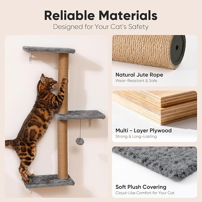 FUKUMARU Cat Wall Shelves, Stable & Safe 4 in 1 Cat Walls Furniture Set, Wooden Kitten Climbing Wall with Scratching Post for 16 Inch Drywall - Beige