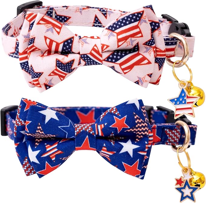 Faygarsle 2 Pack 4th of July Independence Day Cat Collar Cute Pink Blue American Flag Star Printed Collar with Bow tieBreakaway Cat Collar for Boy Girl Female Male Cats