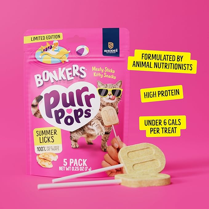 Bonkers Purrpops, Summer Edition Freeze Dried Chicken Flavored Lollipop Cat Treats, 55 Pieces (11 Packs)