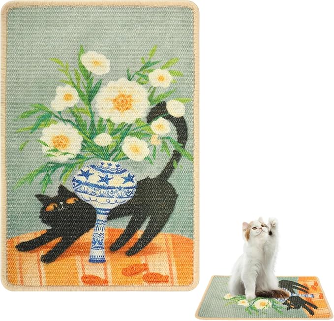 3-in-1 Sisal Cat Scratch Mat 23.6x15.7'' Floor & Wall Cat Scratcher Pad, Protects Carpet Couch & Furniture with Sticker Tape, Anti-Slip, Durable for Indoor Outdoor Cats (Srping)