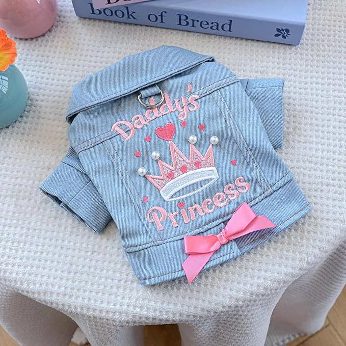 Denim Dog Jacket for Small Dogs & Cats, “Daddy’s Princess” Embroidered Pet Coat with Pearls & Bow, Light Blue Jean Outfit with D-Ring, Cute Apparel for Walks, Photos, Parties & Holidays(S)