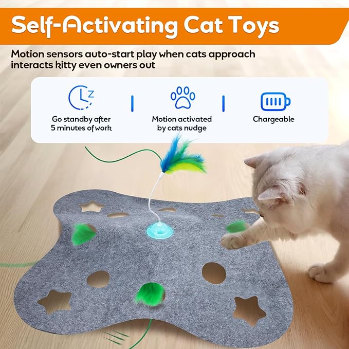 Cat Toys Interactive Cats Exercise Toys Spin Feather for Cats Like to Hunt, Touch Activate Mode Whack A Mole Felt Cover Toy