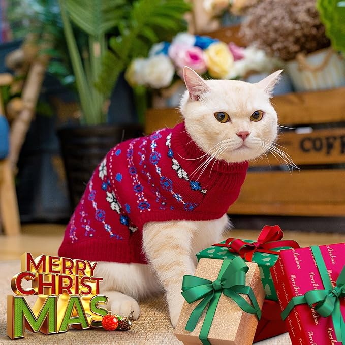 BINGPET Cat Clothes Turtleneck Knitted Sleeveless Cat Sweater,Cute Cat Outfit Soft Turtleneck Knitted Kitten Puppy Apparel with Snow Pattern,Sphynx Cat Clothes for Cold Weather