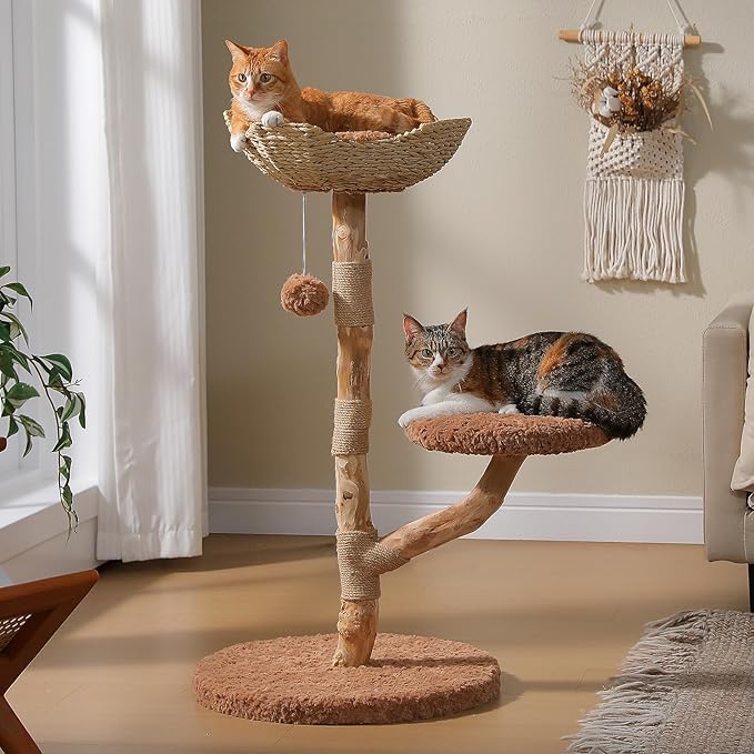 MUTTROS Modern Cat Tree Tower with Real Wood Branches and Wicker Basket Bed, Solid Wood Cat Climbing Furniture with Scratching Posts and 3 Hanging Balls for Indoor Cats, Brown