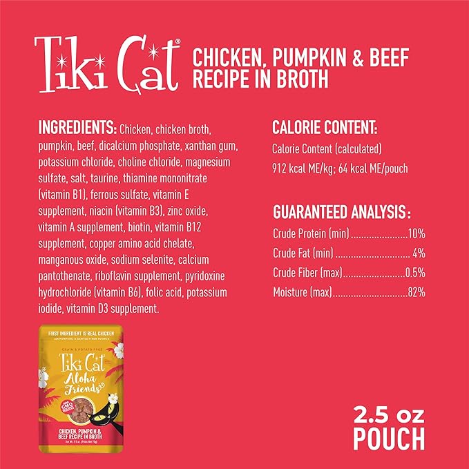 Tiki Cat Aloha Friends Wet Cat Food, Chicken, Pumpkin & Beef, 2.5 oz. Pouch (12 Count)