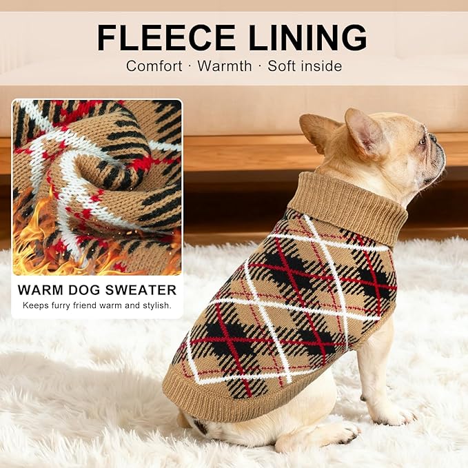BEAUTYZOO Dog Sweater for Small Dogs, Fleece Dog Knitted Pullover Sweater for Girls Boys, Fall Winter Warm Soft Turtleneck Puppy Clothes Apparel, Cold Weather Knitwear with Leash Hole, Beige S