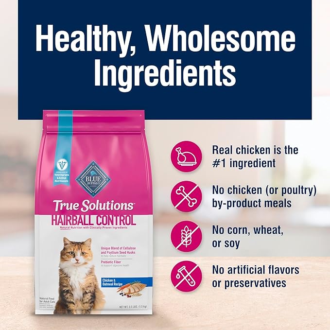 Blue Buffalo True Solutions Hairball Control Adult Dry Cat Food, Made in the USA with Natural Ingredients, Chicken, 3.5-lb. Bag