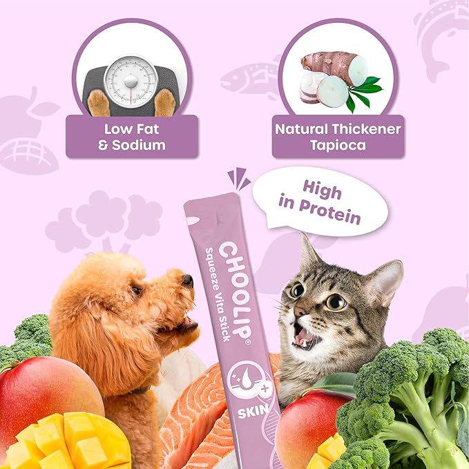 Choolip Squeeze Vita Stick Lickable Cat and Dog Treats, 49-Count Skin and Coat Variety Pack, Salmon and Pollack with Biotin and Vitamin E