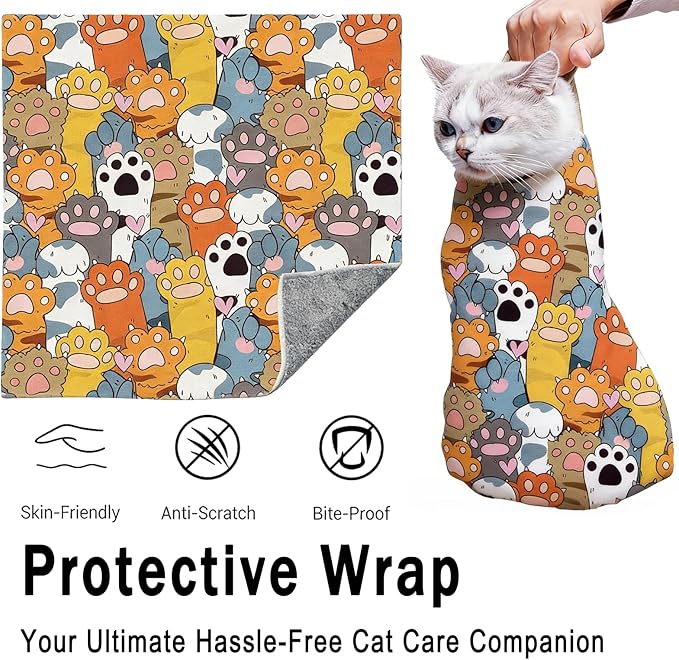 Paw Print Cat Grooming Wrap for Cutting Nails, 27.6" Cat Swaddle for Medicine, Nail Clipping, Teeth Brushing, Ear Cleaning