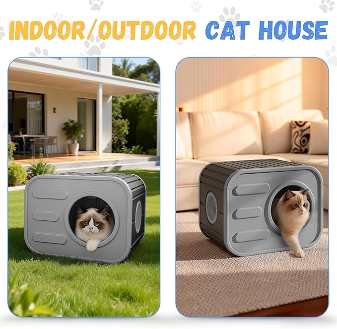 Insulated Outdoor Cat House,Plastic Feral Cat Houses for Outdoor Indoor Cats with Camera Appearance & Large Door,Stackable Cat Houses & Condos,Spacious Cat Bed Cave, Ventilated & Easy to Clean,Black