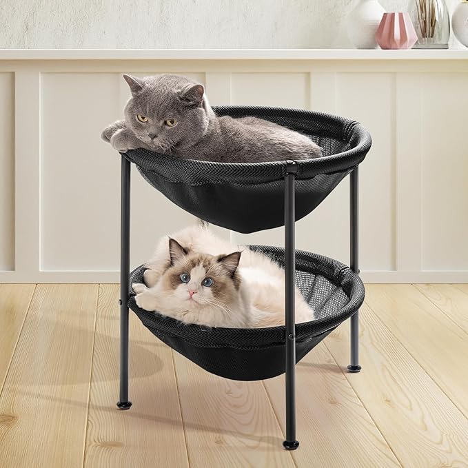 JUNSPOW Double Cat Bed Black, Breathable Pet Bed for 2 Cats with 4 Adjustable Feet & Anti-Slip Mats, Easy Assembly Cat Hammock for Multi-cat Household, Indoors & Outdoors, 22.8 in x18.7 in x 18.7 in