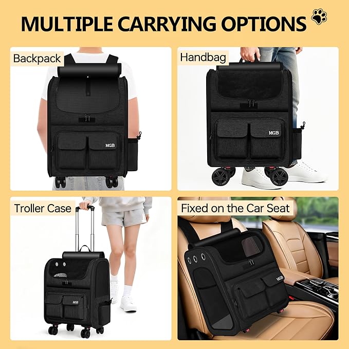 MGB Rolling Cat Carrier with Wheels: Dog Carrier for Small Dogs & Large Cats, Large Cat Carrier with YKK Zipper, Large Capacity, Breathable Mesh, Side Pocket, Black (Not for Airline)