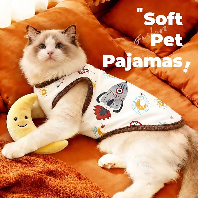 PETCARE Cute Cartoon Cat Shirts for Cats Only Soft Cotton Tshirts Brown Spaceship Cat Clothes for Cats Only Female Male Small Breeds Pet Pajamas Sleeveless Pet Tank Top Spring Summer Kitten Clothes