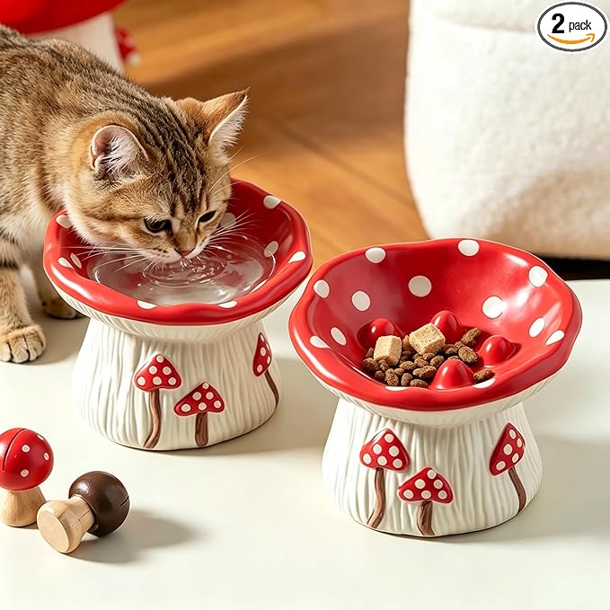 Cat Slow Feeders Set, Raised Ceramic Cat Bowl, Tilted Design, no Black Chin, Gut & Neck-Friendly,Pet Food and Water Bowls (Cute Mushroom Shape)