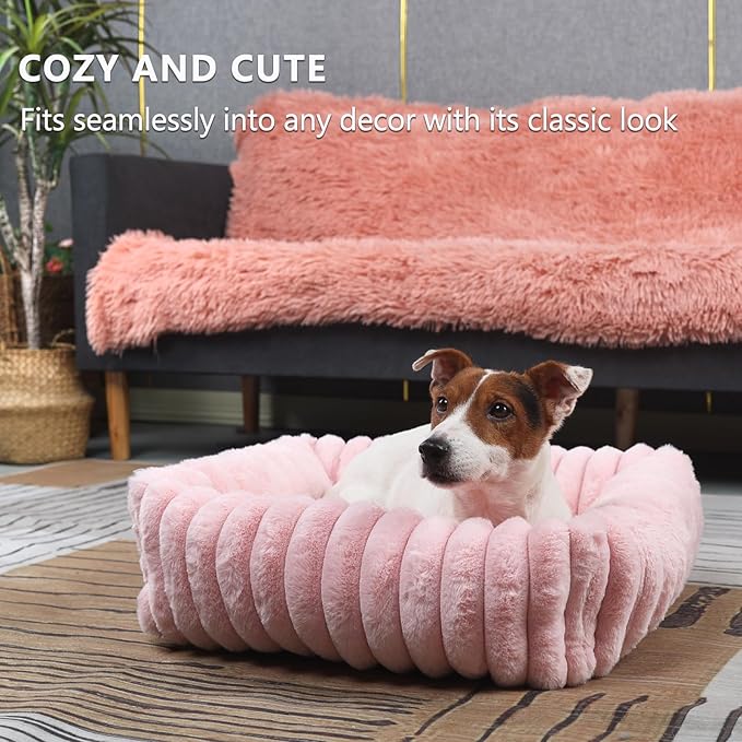 Cute Small Dog Beds for Small Dogs Girl and Cats Washable,Rectangle Cat Bed with Sides Orthopedic Soft Cozy Calming Sleeping Puppy Beds Pink Pet Cuddler Doggie Bed with Anti-Slip Bottom S(20"x19"x5")