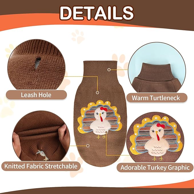 DELIFUR Thanksgiving Dog Sweater Dog Turkey Knit Sweater with Leash Hole Thanksgiving Outfit for Small Medium Large Dogs Fall Color (Brown1#, XX-Large)