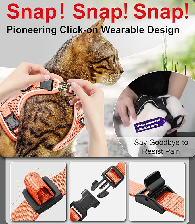 Cat Harness and Leash for Walking Escape Proof Soft Adjustable Cat Leash Breathable Comfortable Vest Easy to Wear Kitten Harness for Outdoor Travel (Orange, S (7-12lb))