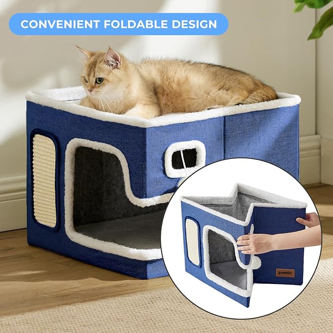 ZOMISIA Cat Beds for Indoor Cats - Large Cat House for Pet with Fluffy Ball Hanging and Scratch Pad, Foldable Cat Hideaway,16.5x16.5x13 inches, Green