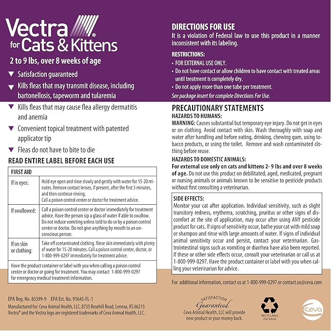 Vectra for Cats & Kittens Flea Treatment & Prevention for Small Cats (2-9 lbs.) 6-Month Supply