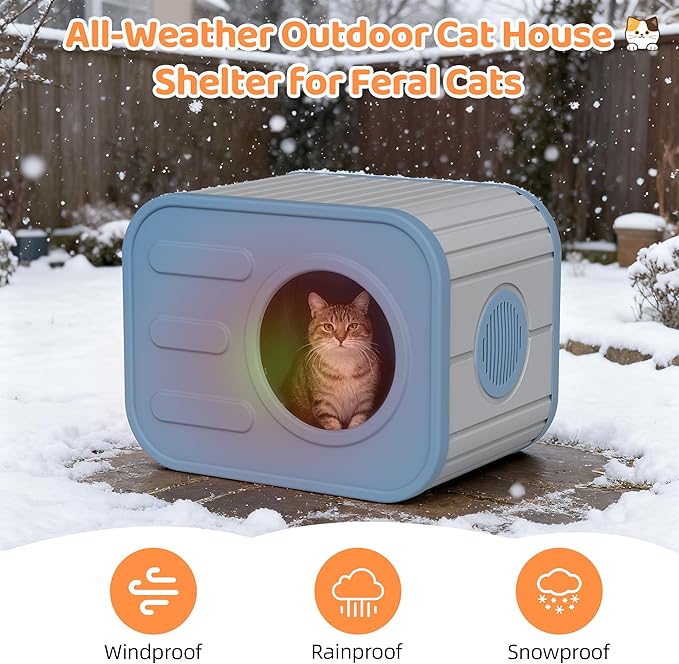 LHBcraft Outdoor Cat House Weatherproof, Feral Cat Houses for Outdoor Indoor Cats, Insulated Resin Shelter with Camera-Shaped Design, Easy to Assemble Blue