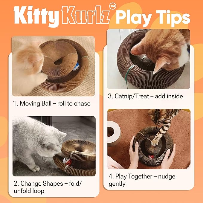 KITTY KURLZ Interactive Cat Toy & Cardboard Cat Scratcher, Collapsible Ball Track with Bell, Reversible Scratch Ring for Play, Chase and Lounge