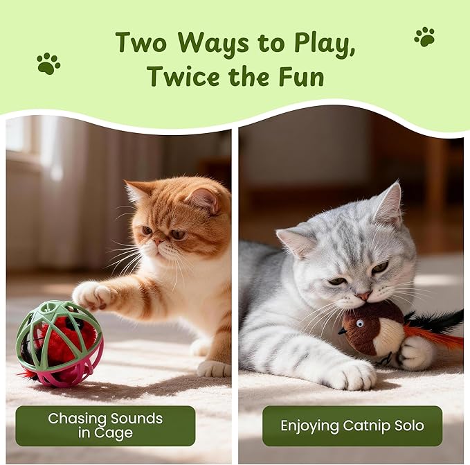 Cat Toys for Indoor Cats - Interactive Ball Cage Cat Toy with Realistic Bird Sounds & 2 Catnip Plush Toys, Motion-Activated Hunting Simulation Toy for Cats