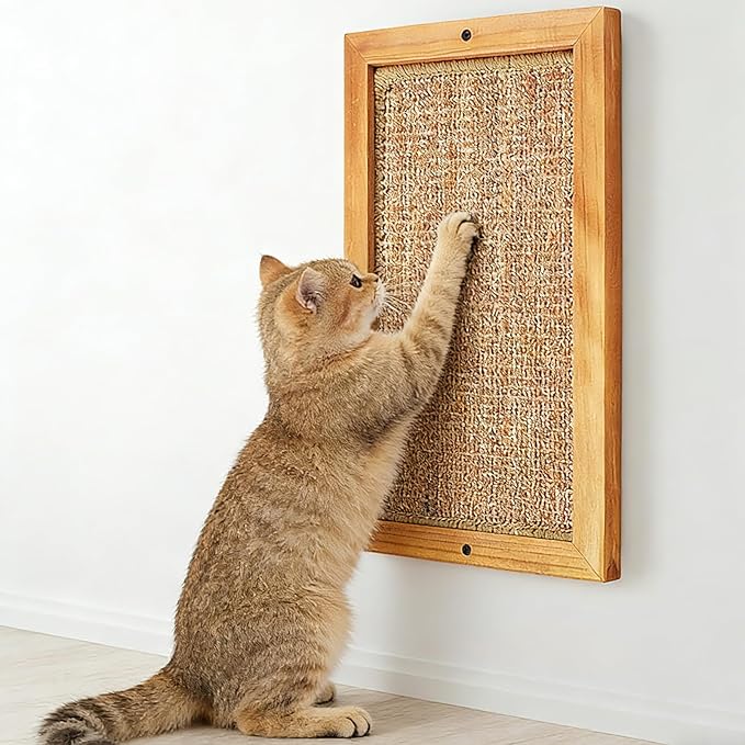 Cat Scratching Post, Natural Wooden Sisal Cat Scratch Pad, Floor or Wall Mounted Vertical Cat Scratcher Mat for Indoor Cats Adults or Kittens, Scratching Board Cat Wall Furniture Protector