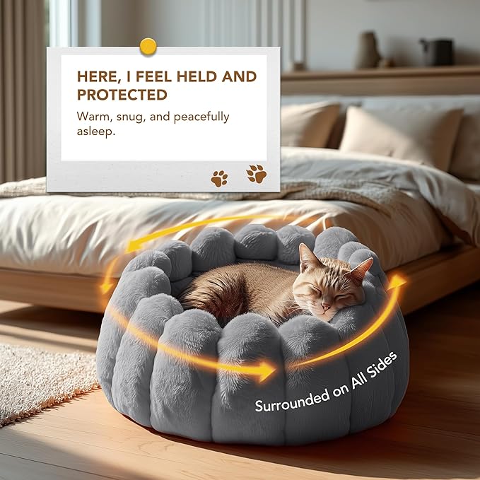 PETNOVO Grey Pumpkin Cat Bed, Plush Donut Cuddler with High Bolster, Non-Slip Cozy Pet Nest for Indoor Cats up to 13 lb and Small Dogs, 20L x 20W x 12H Inch