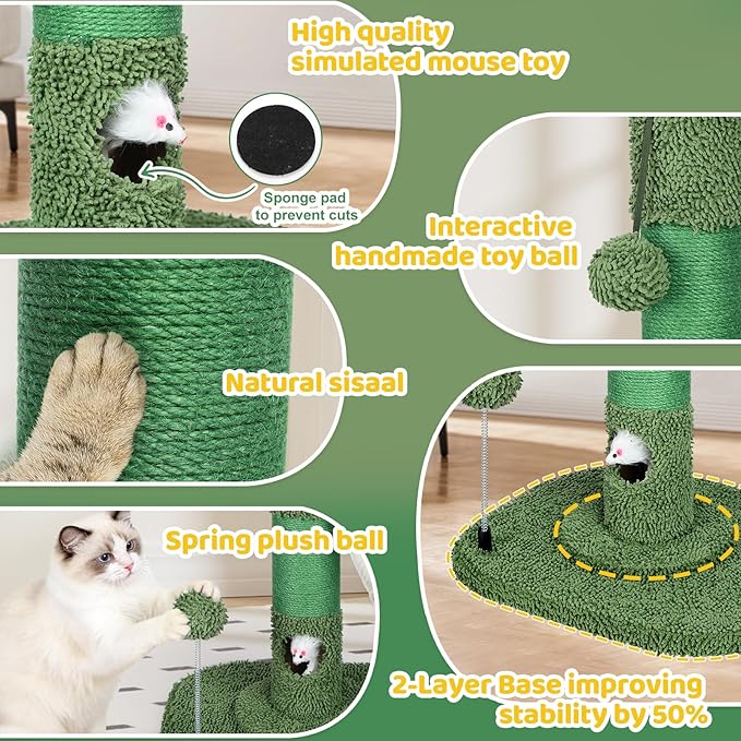Tall Cat Scratching Post for Indoor Cats Adults, Cat Scratch Post with Sisal Rope Claw Scratcher, Solid Wood Cat Tower with Scratching Post and Cat Toys Mouse Hole,Cactus Small Cat Tree(Green Cactus)