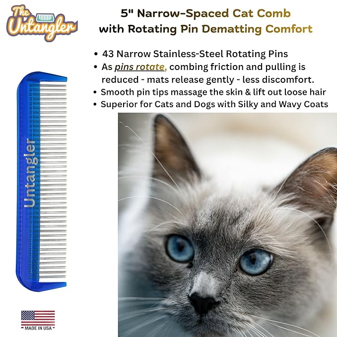 Cat Comb with Silky Smooth Rotating Teeth - Clears Mats Gently (5" Ultra Fine, 7" Dual-Spaced) (Blue, 5" Ultra Fine)