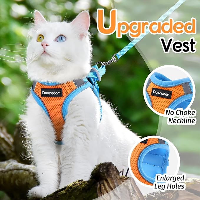 Dooradar Cat Harness and Leash Set, Escape Proof Lightweight Kitten Harness, Soft Breathable Reflective Vest for Outdoor Walking Traveling, Adjustable for Small Cats, Orange & Blue, S