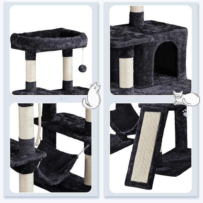 Topeakmart 63in Cat Tree, Large Cat Tower Furniture w/Cat Condo, Padded Platform & Sisal-Covered Scratching Post, Stable Cat Tower Pet Play House, Black