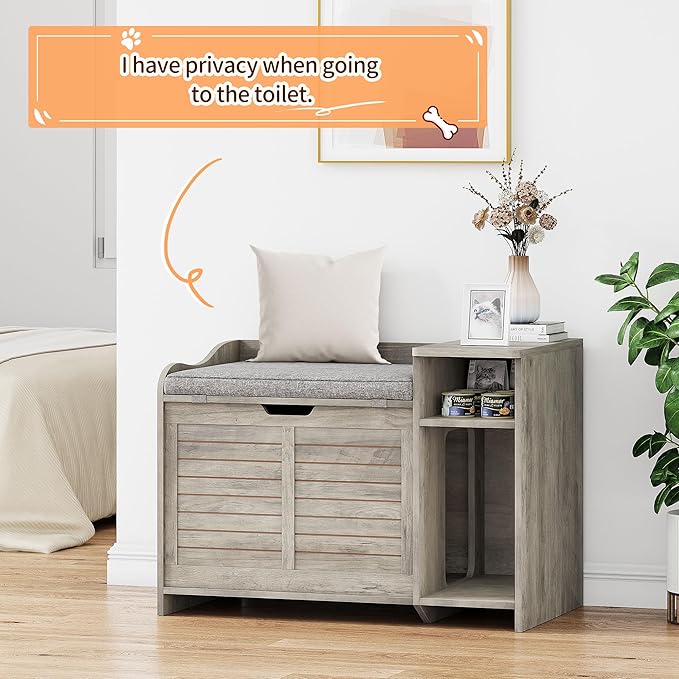TROPOW Cat Litter Box Enclosure Furniture with Top Opening and Cushion, Hidden Litter Box Cabinet with Storage, Privacy Cat Box Enclosure, Grey