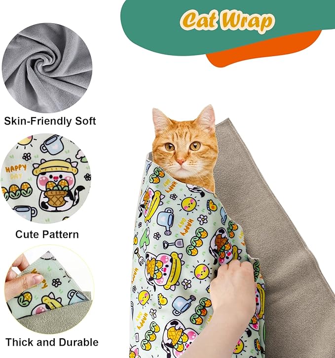 Cat Wrap for Cutting Nails and Grooming,Cat Restraint Wrap for Nail Clipping,Self-Adhesive Fabric Cat Swaddle Burrito Wrap for Nail Trimming (Cow Style)