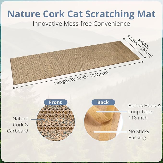 Natural Cork Cat Scratcher Mat with NO Preapplied Adhensive, Bonus Hook-Loop Tape Included. Replacement for Cat Post, Scratcher, Ramp, Cat Whell and Pet Supplies. (Smoke Gray, 39.4 x 11.8 Inch)