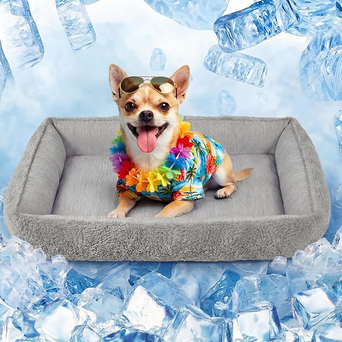 Washable Dog Bed for Small, Medium & Large Dogs - Reversible Design (Ice‑Silk Cooling Layer | Sherpa Fleece Layer), Rectangle Dog Beds for Crate, Grey (24" × 15")